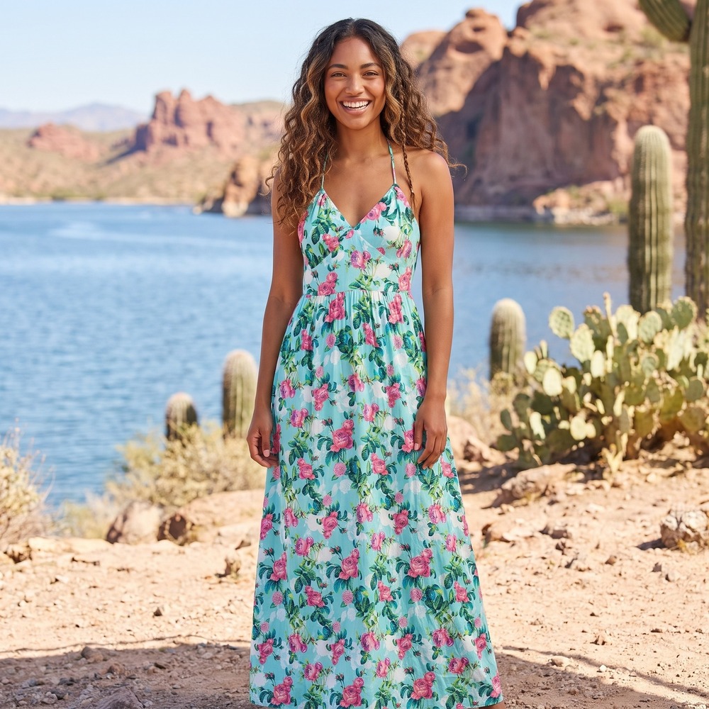 Betsey Johnson "Paulina" Floral Halter Maxi Dress Women L Turquoise Cottagecore